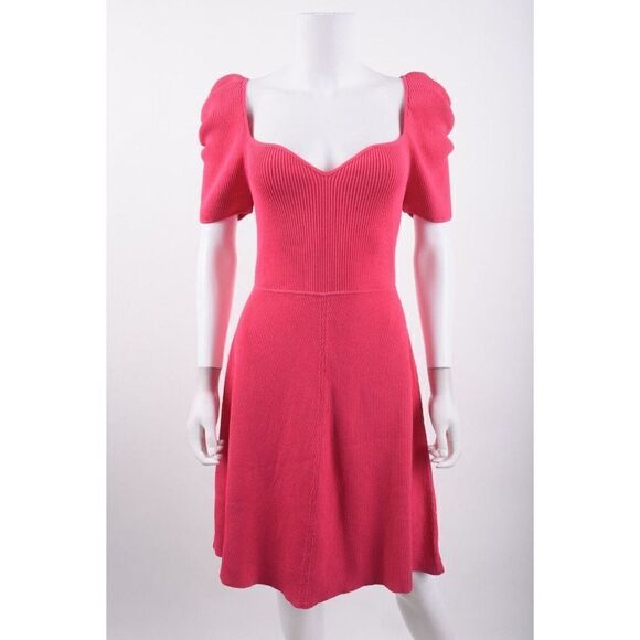 Carolina Herrera Womens Shirred Flare Dress Puff sleeve L Pink Raspberry NWT - Picture 1 of 9